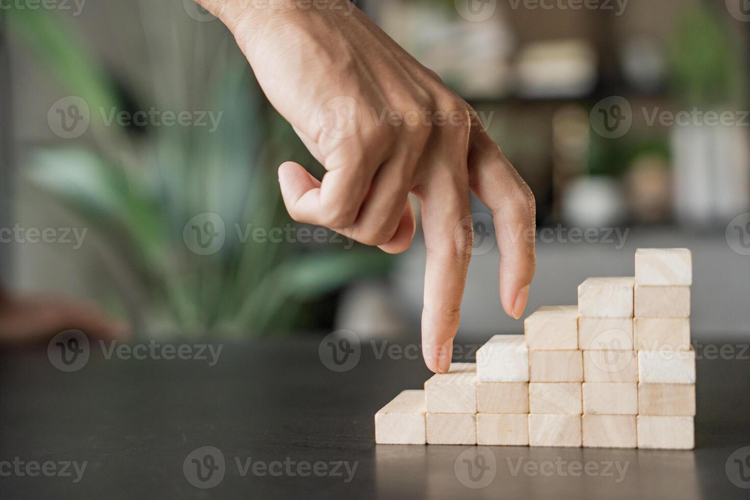business growth success process Hand putting wood block stacking step stair management Business strategy concept. photo