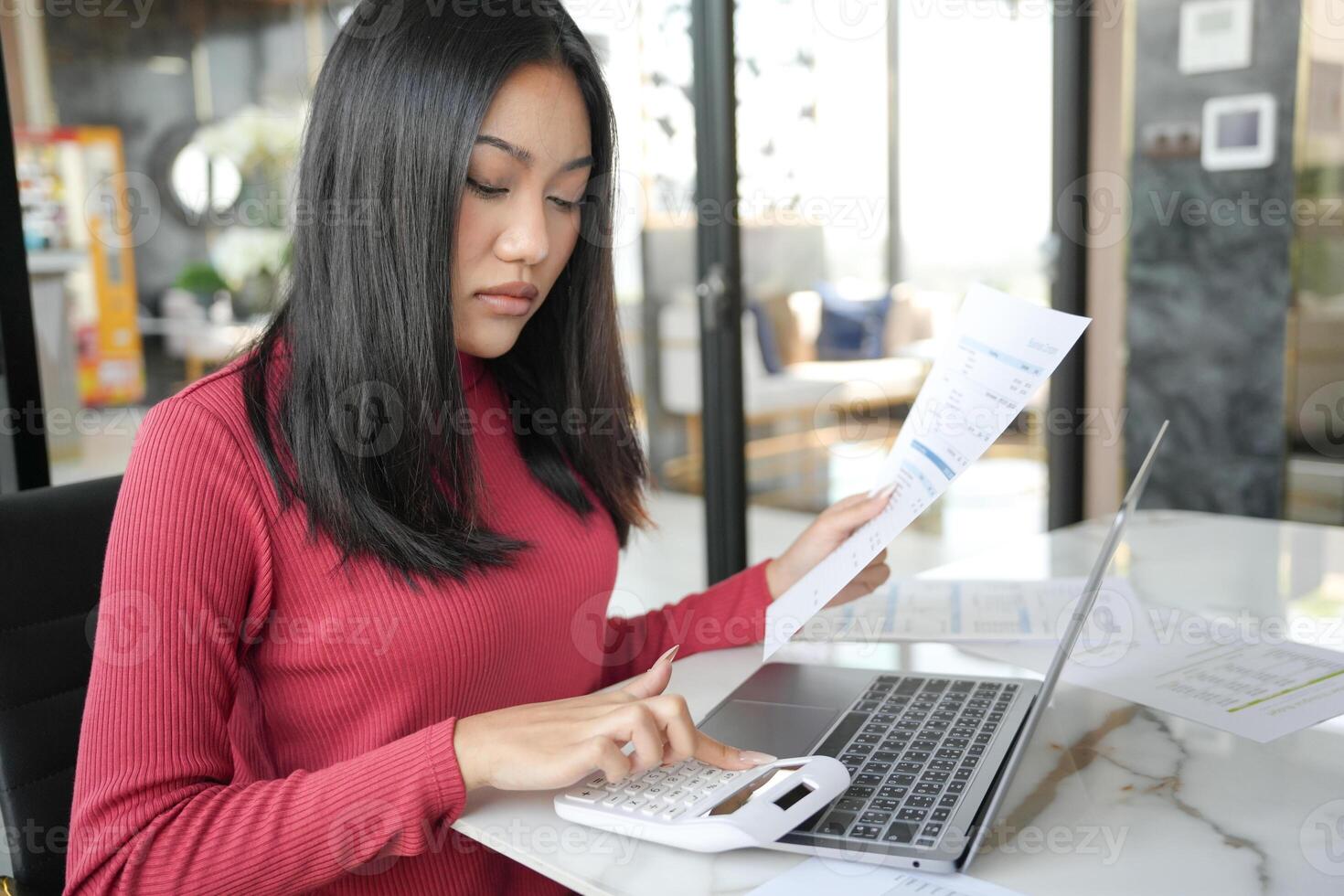 asian business woman working with laptop Hands typing keyboard. Professional investor working new start up project. business planning in office. Technology business. photo