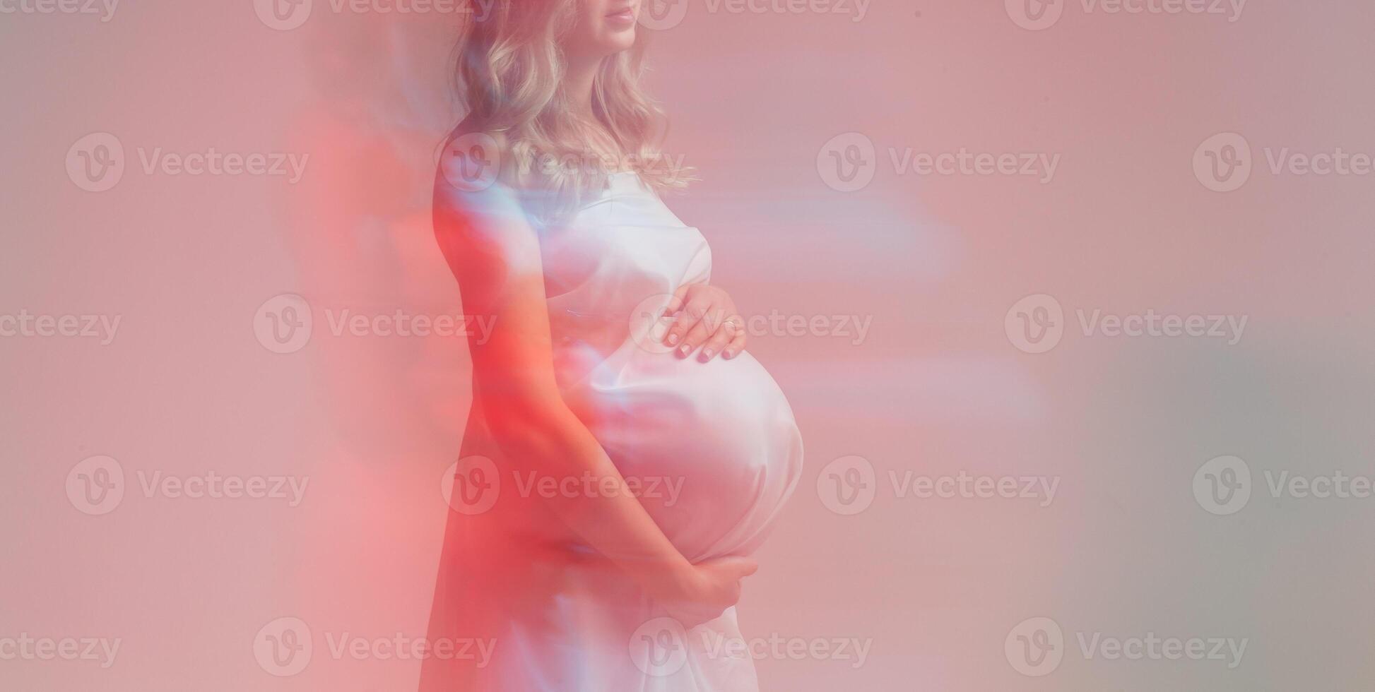Banner Elegant pregnant young woman standing wearing light fabric copy space. Pregnancy, fantasy and fairy tale concept. photo