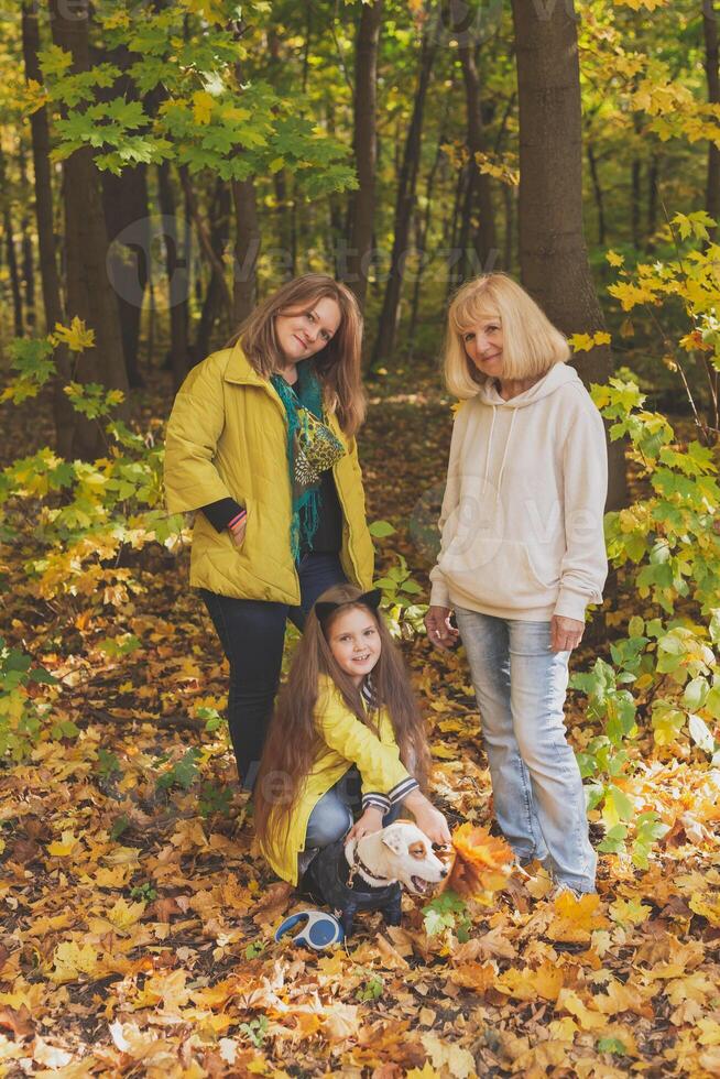 Portrait of three generations of happy beautiful women and dog looking at camera, hugging and smiling in autumn nature. photo