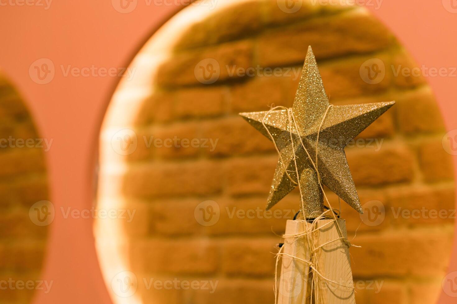 Alternative Christmas tree of raw wood branches decorated with fairy lights photo