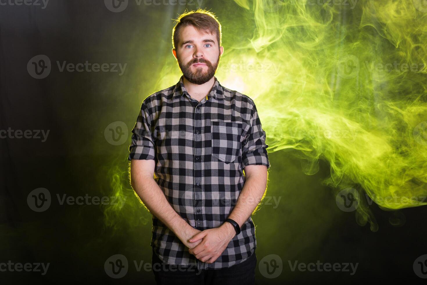 Emotional stunned handsome male has mustache and beard, being shocked with sudden raise of prices, expresses great surprised photo
