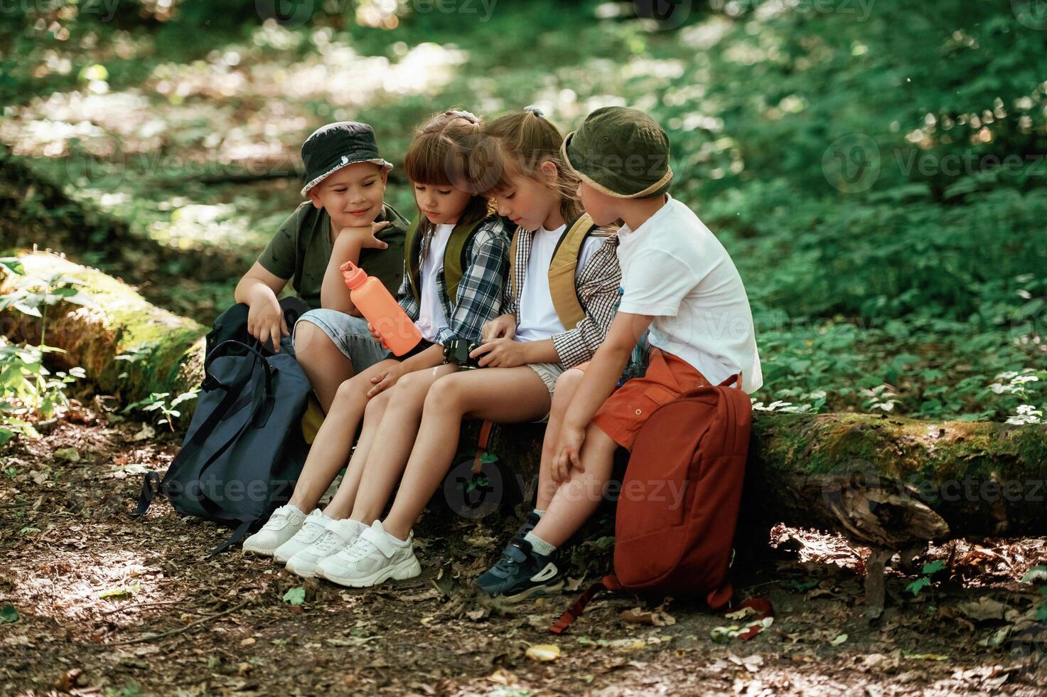 Sitting with camera and water, bottle. Kids in forest at summer daytime together photo