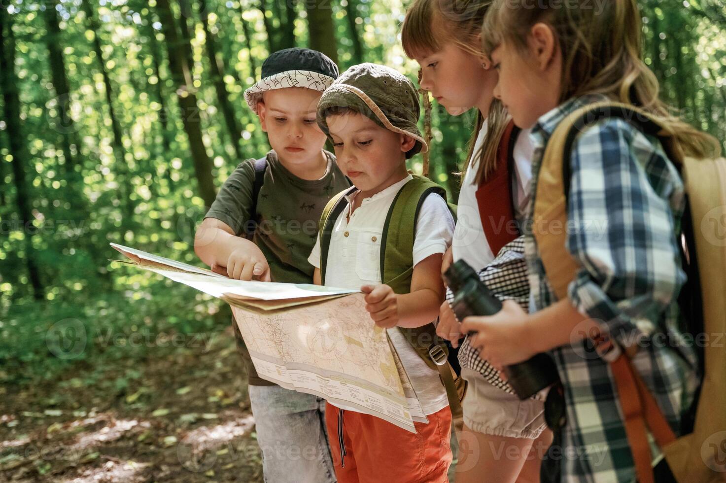 Smart boy, is reading the map. Kids in forest at summer daytime together photo