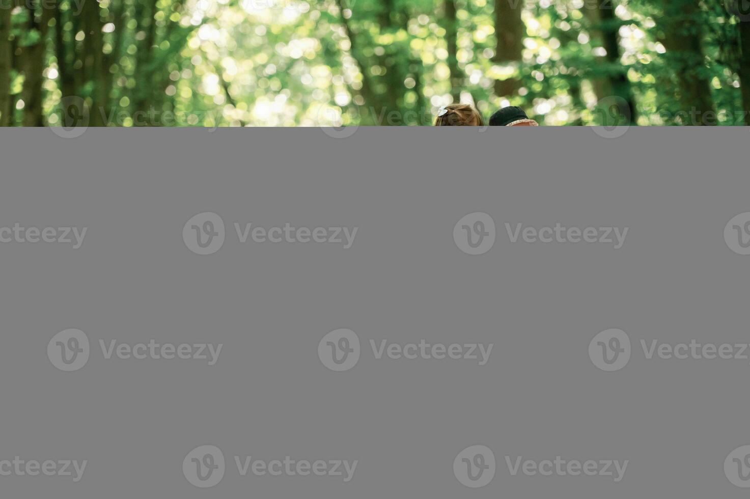 Discovering new place. Kids ,in ,forest at summer daytime together photo