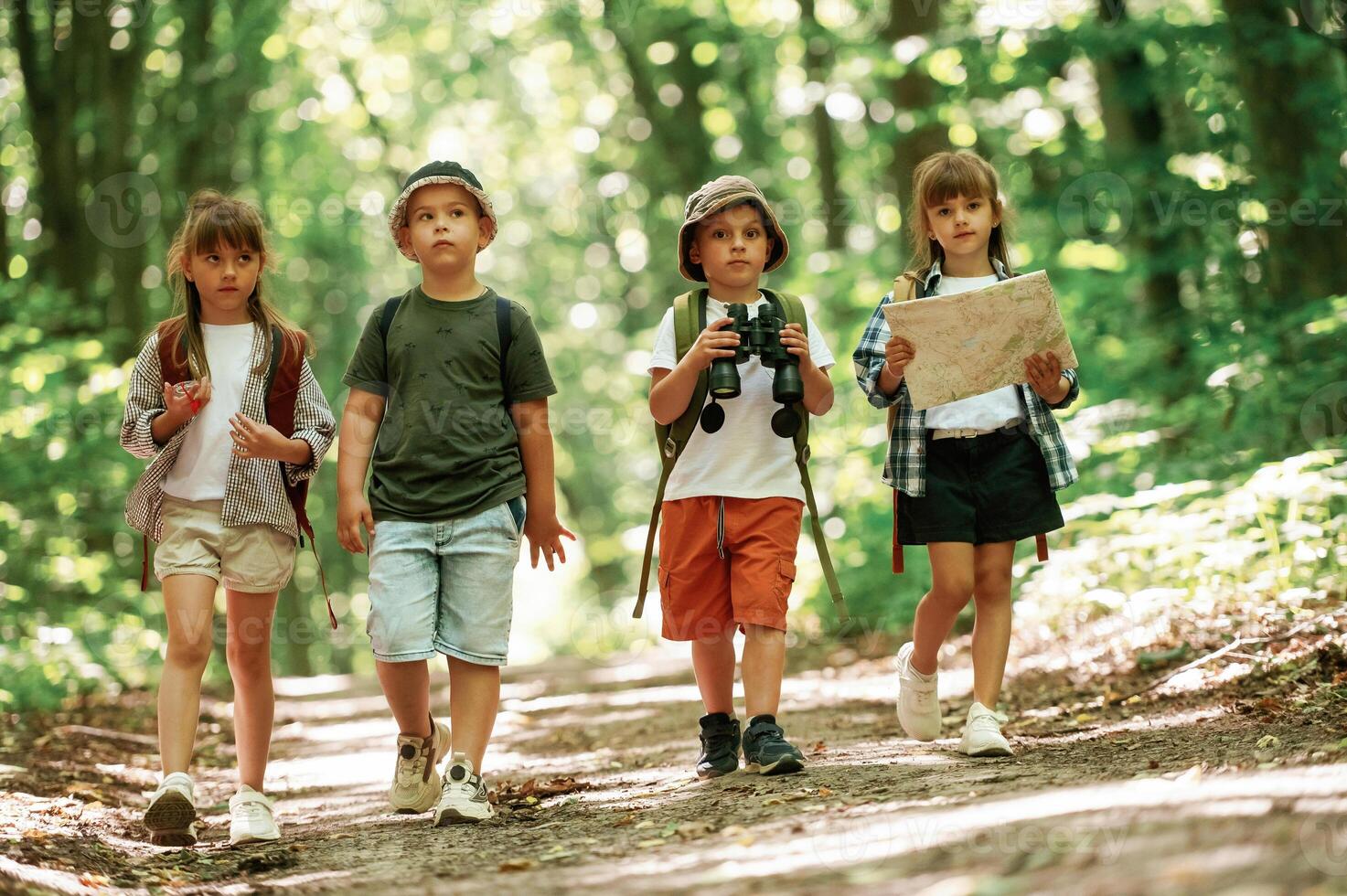Walking ,together. Kids ,in forest at summer daytime photo