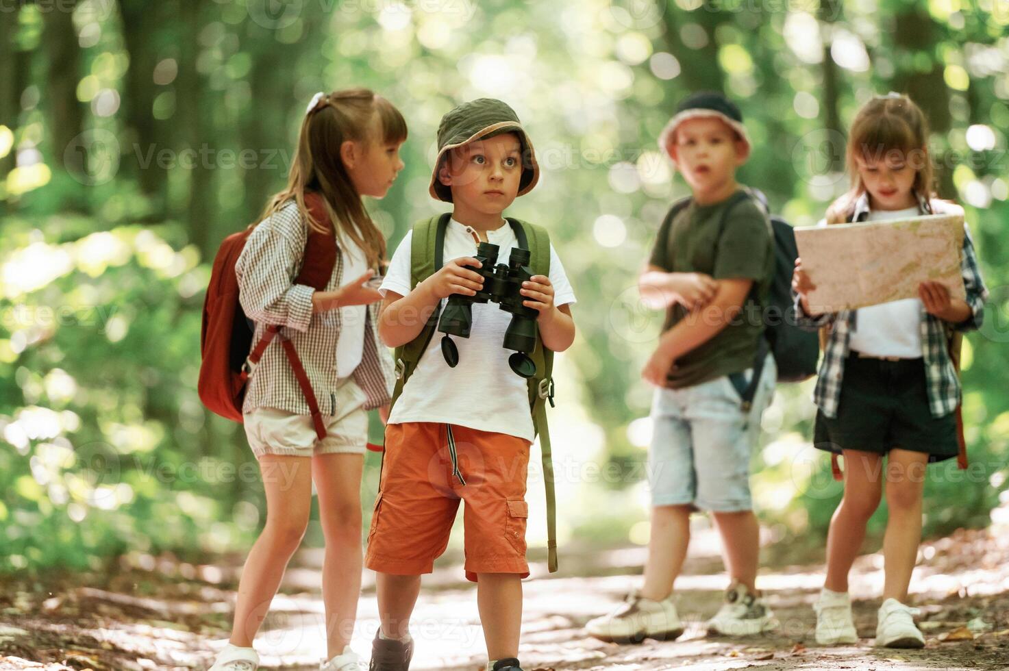 Walking together. Kids ,in forest at summer daytime photo