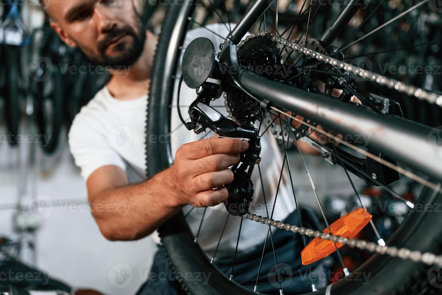 Derailleur, adjustment... Repair man in bicycle shop, working in store photo