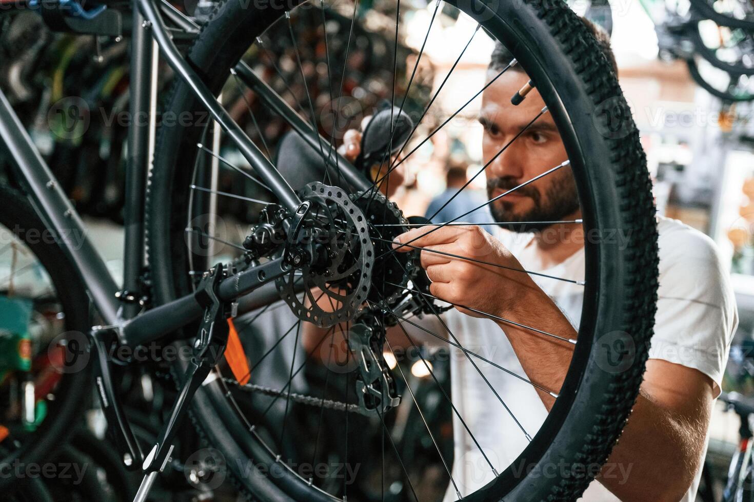 Focused at job., Repair man in bicycle shop, working in store photo