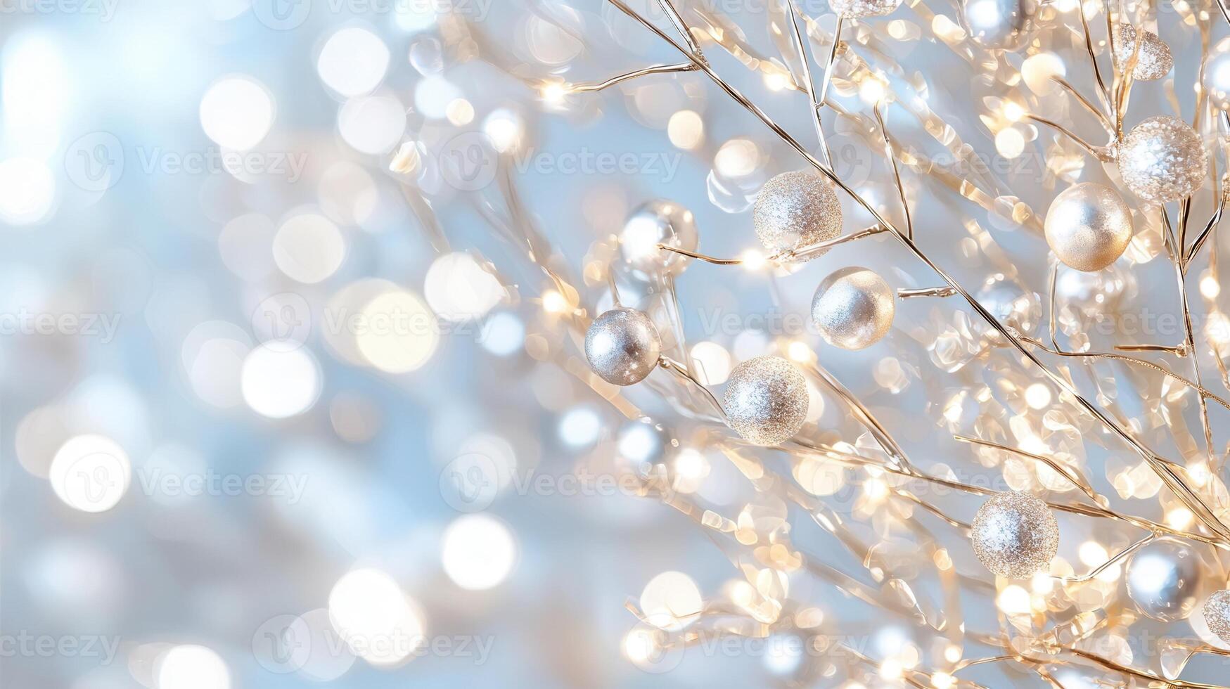 Golden, blue baubles and pine cone decorating evergreen christmas branch, illuminated by twinkling lights with soft bokeh blurring festive holiday background photo