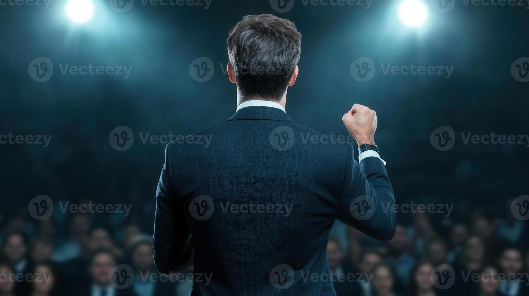 young Caucasian man in a creating stands confidently on stage, addressing an suit Bright stage lights illuminate the scene, audience. a dramatic atmosphere photo