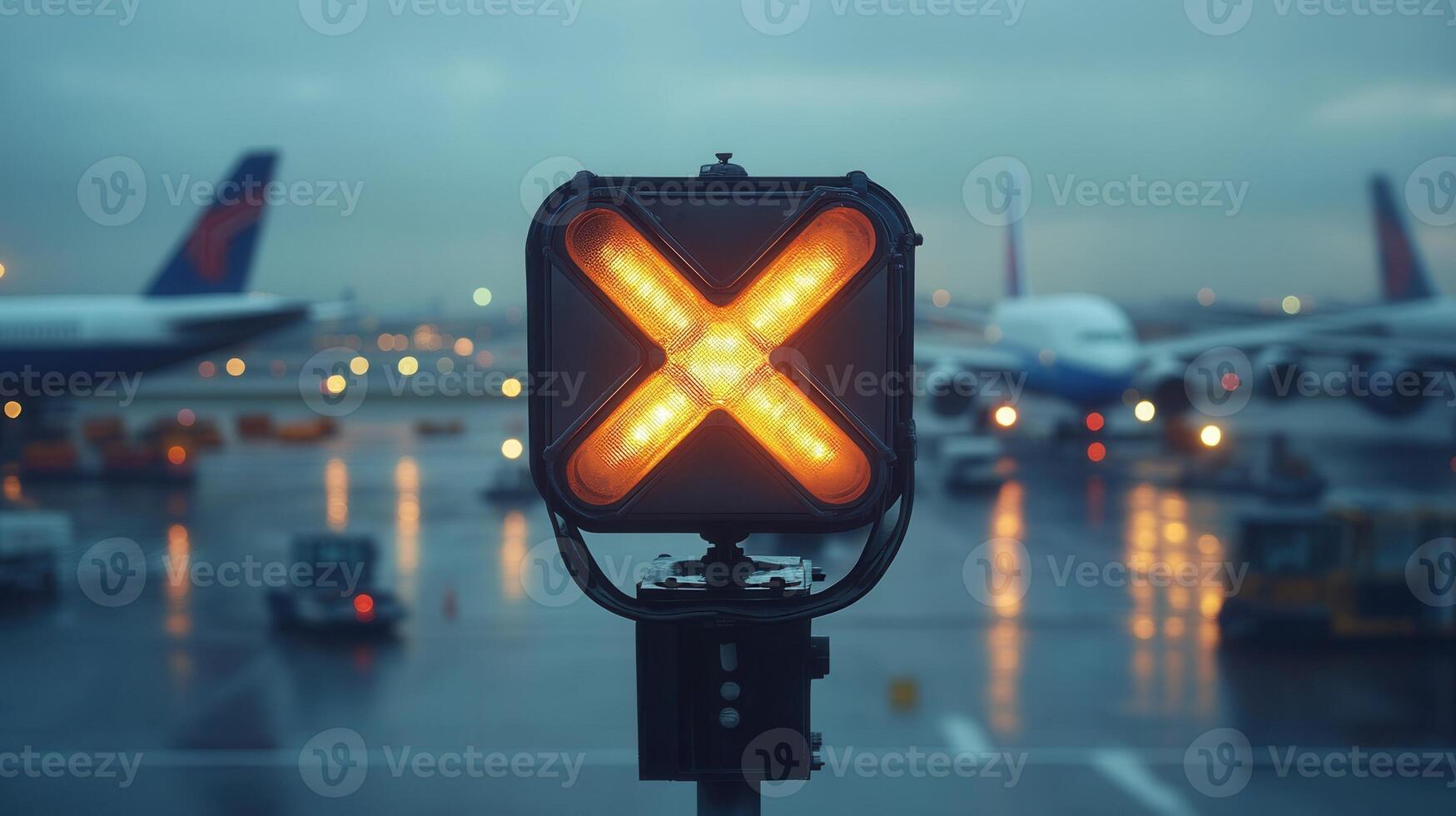 Orange approach light glows on a rainy in tarmac at dusk, with a blurred airplane and control tower airport the background photo