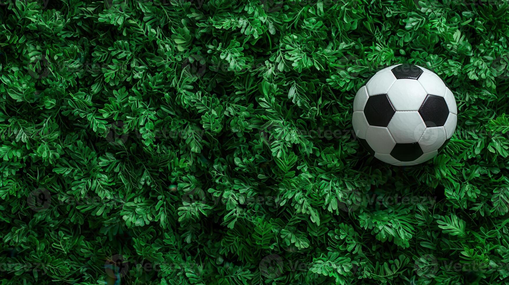 Soccer ball resting on bright simplicity artificial turf, embodying athletic green and sporting anticipation photo