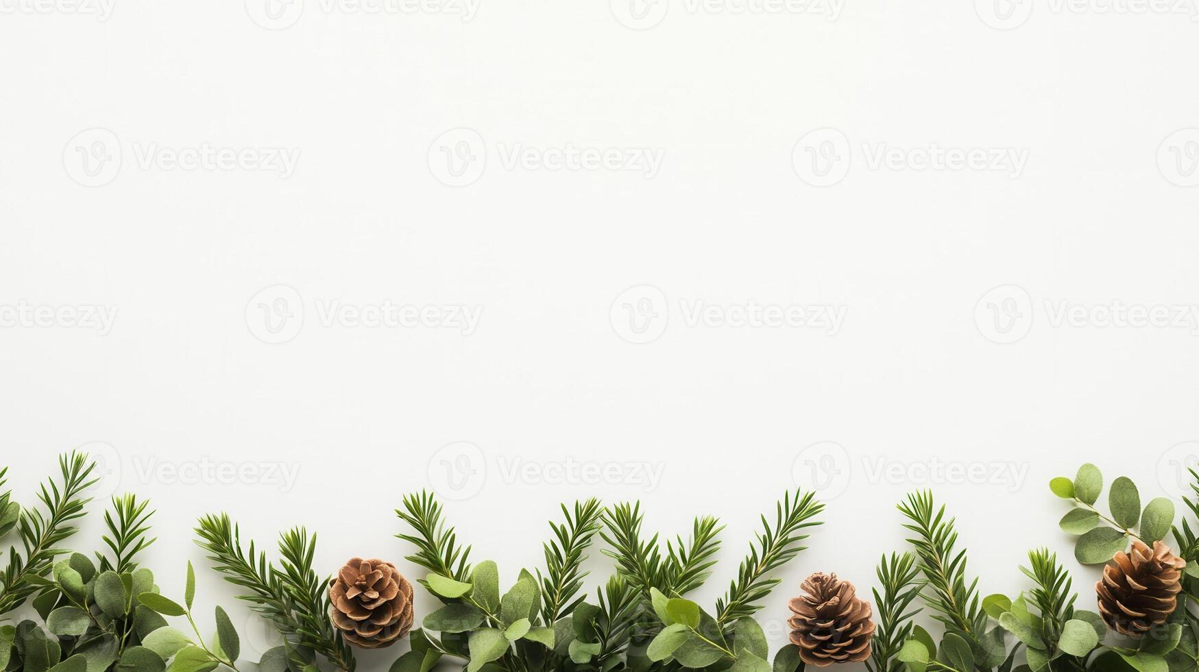 Christmas frame made of pine branches, leaves, and pine cones over a blurred green with background bokeh effect photo