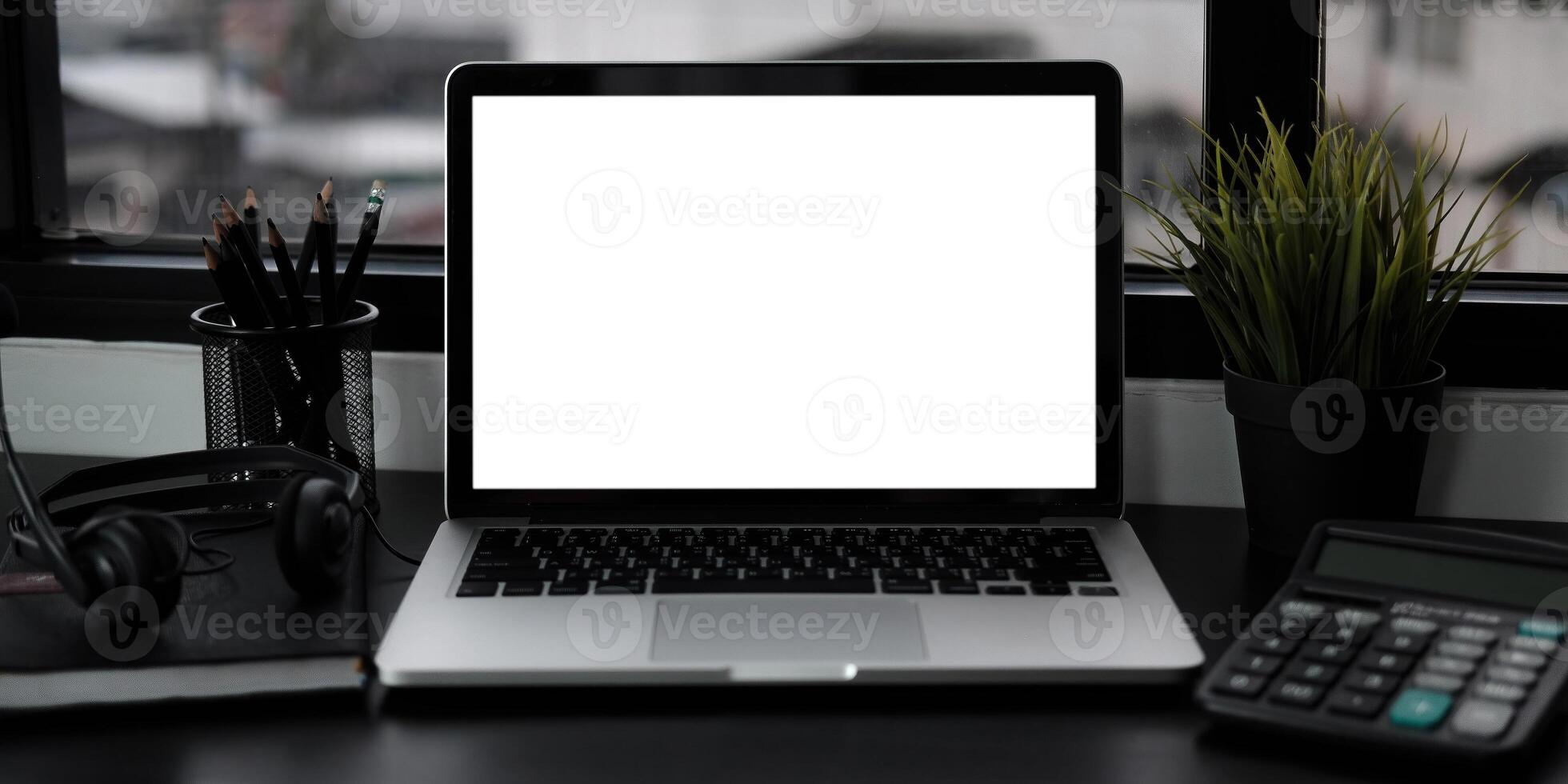 Laptop with blank screen on table. Workspace background new project on laptop computer with blank copy space screen for your advertising text message photo