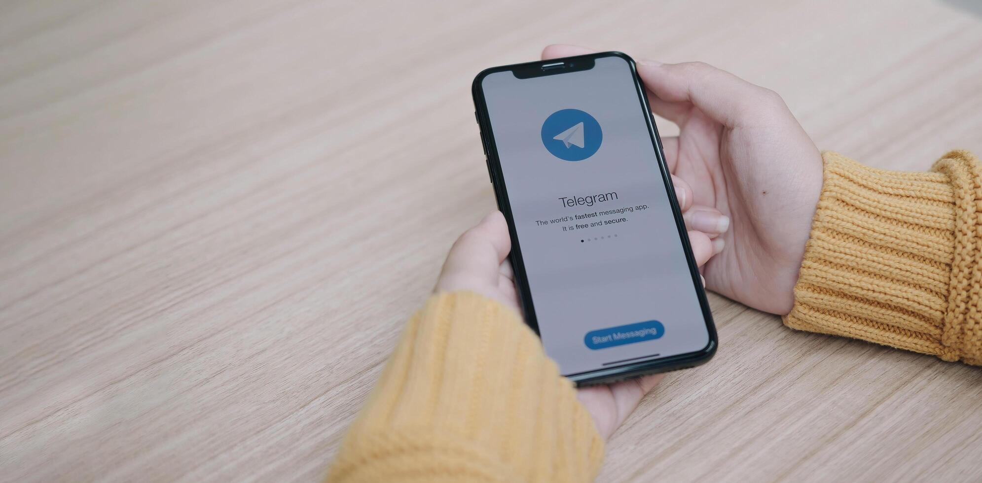 CHIANG MAI, THAILAND - JAN 17, 2021 .Telegram application icon on Apple iPhone Xs screen close-up. Telegram app icon. Telegram is an online social media network. Social media app photo