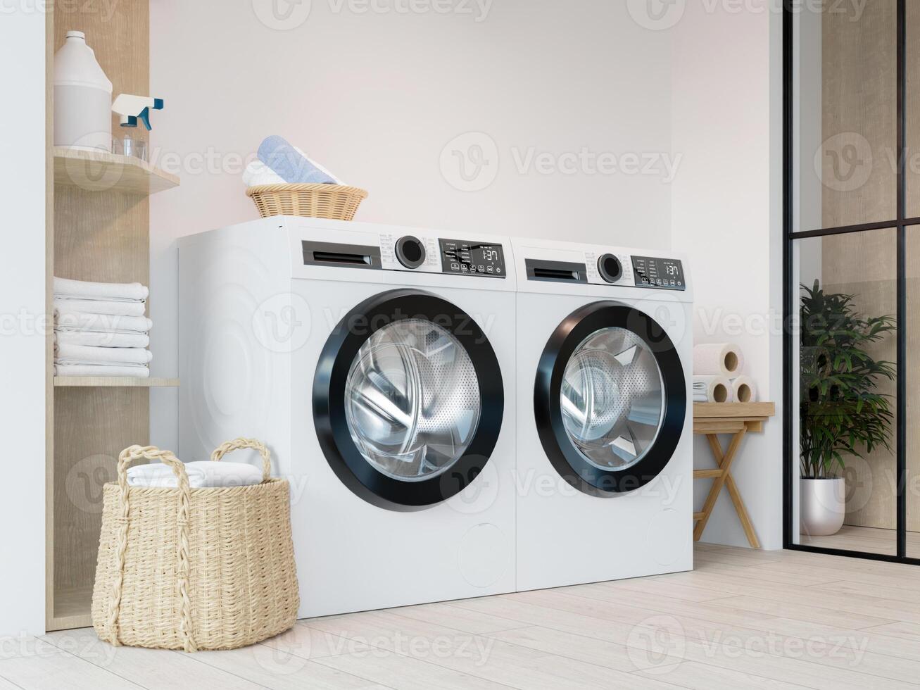 Sleek laundry area with efficient washing machine and organized space. 3D render illustration photo