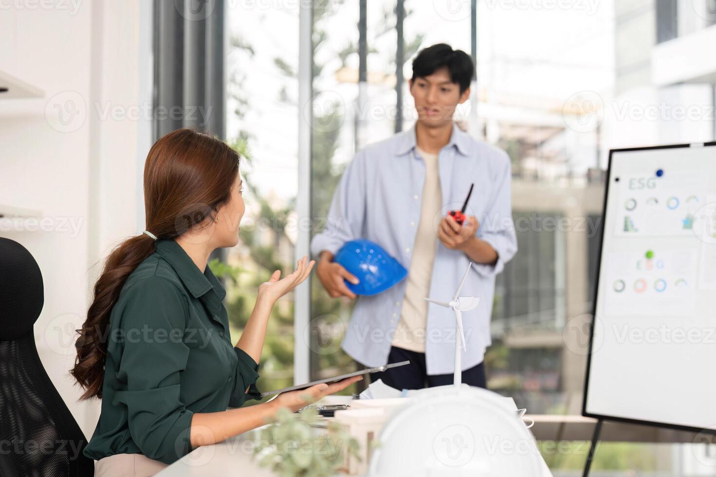 Engineer Explaining Project Details. A female engineer discusses plans with a colleague in a bright office. photo