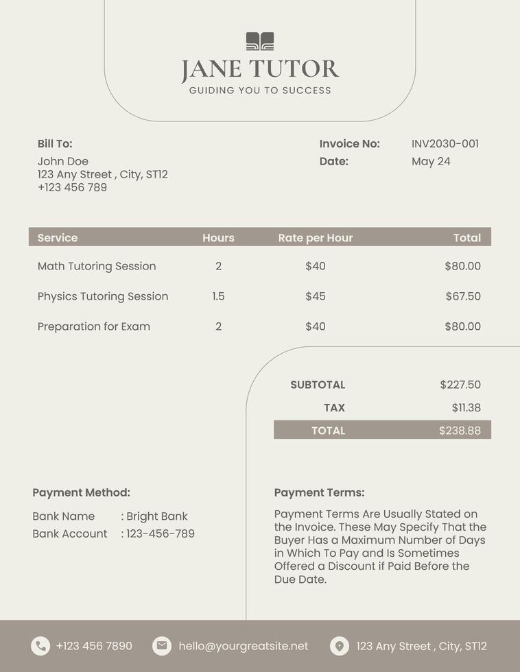 Beige Minimalist Private Tutor Invoice template