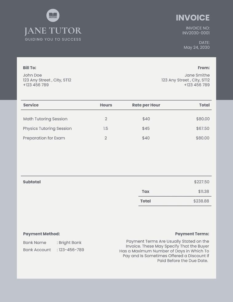 Grey Luxury Private Tutor Invoice template