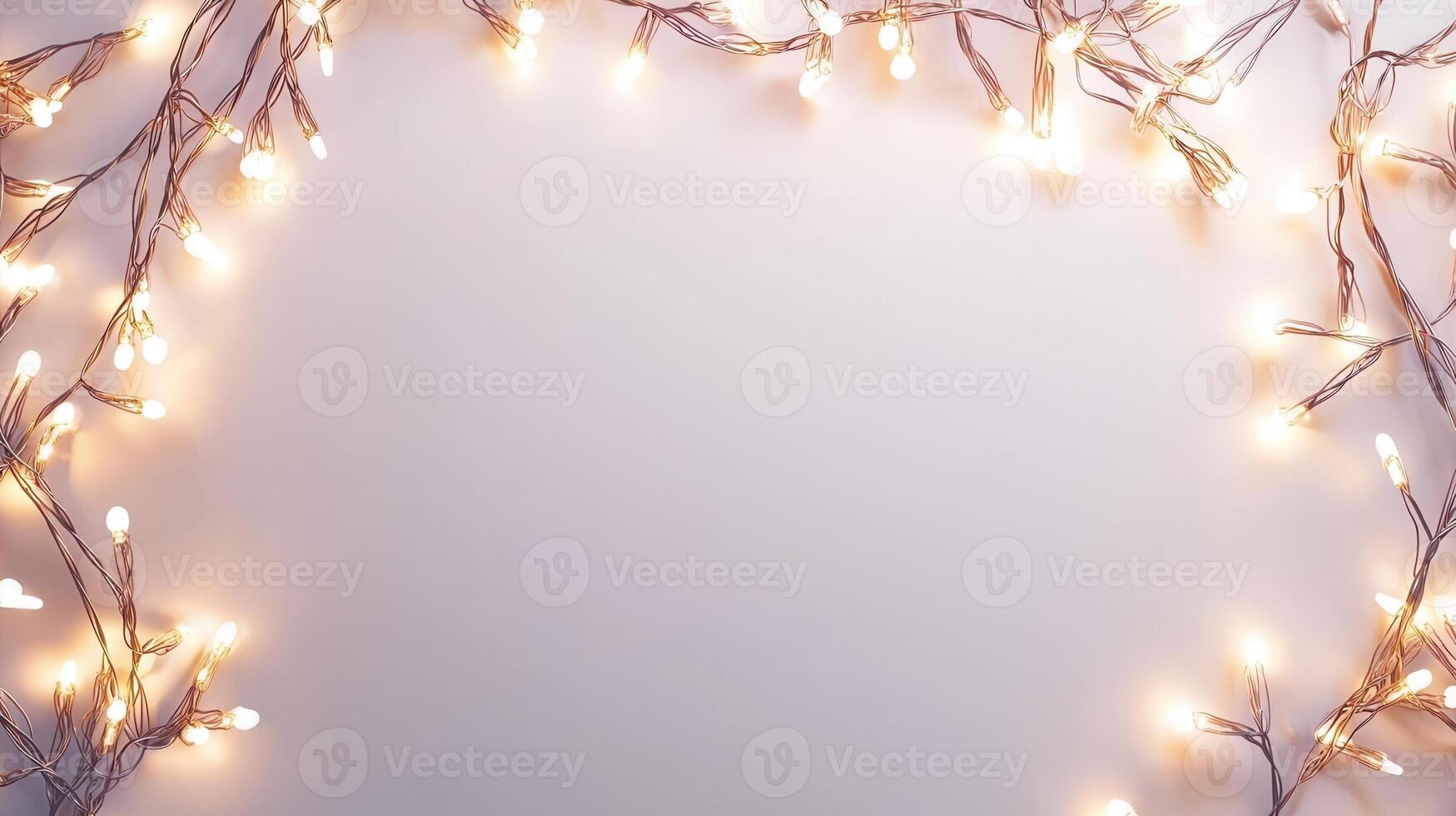 Festive string lights framing green eucalyptus branches against crisp white surface, radiating warmth seasonal and elegance photo