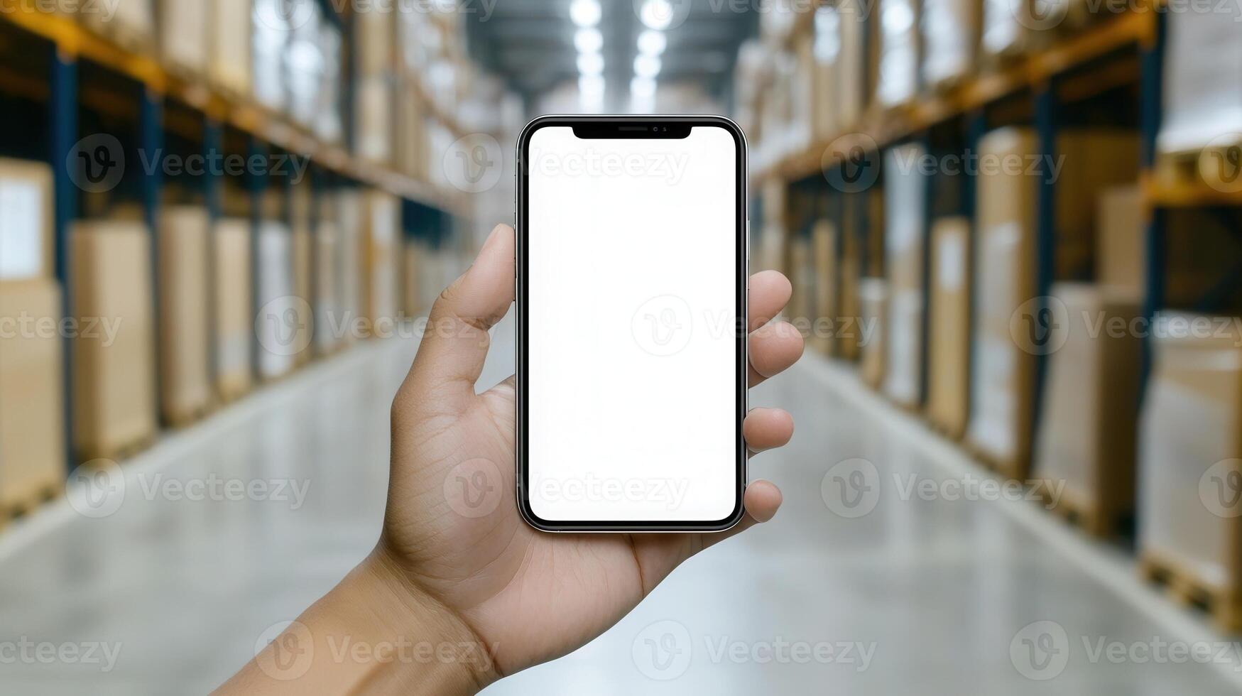 Hand gripping smartphone displaying blank white screen logistics warehouse, representing inside technology and inventory management digital solutions photo