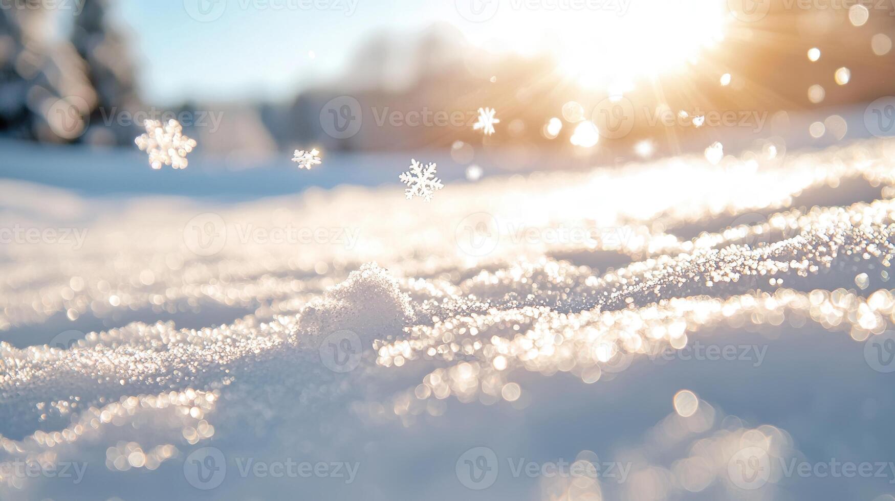 Snowflakes are gently falling on a magical covered ground at sunset, creating a snow winter wonderland photo