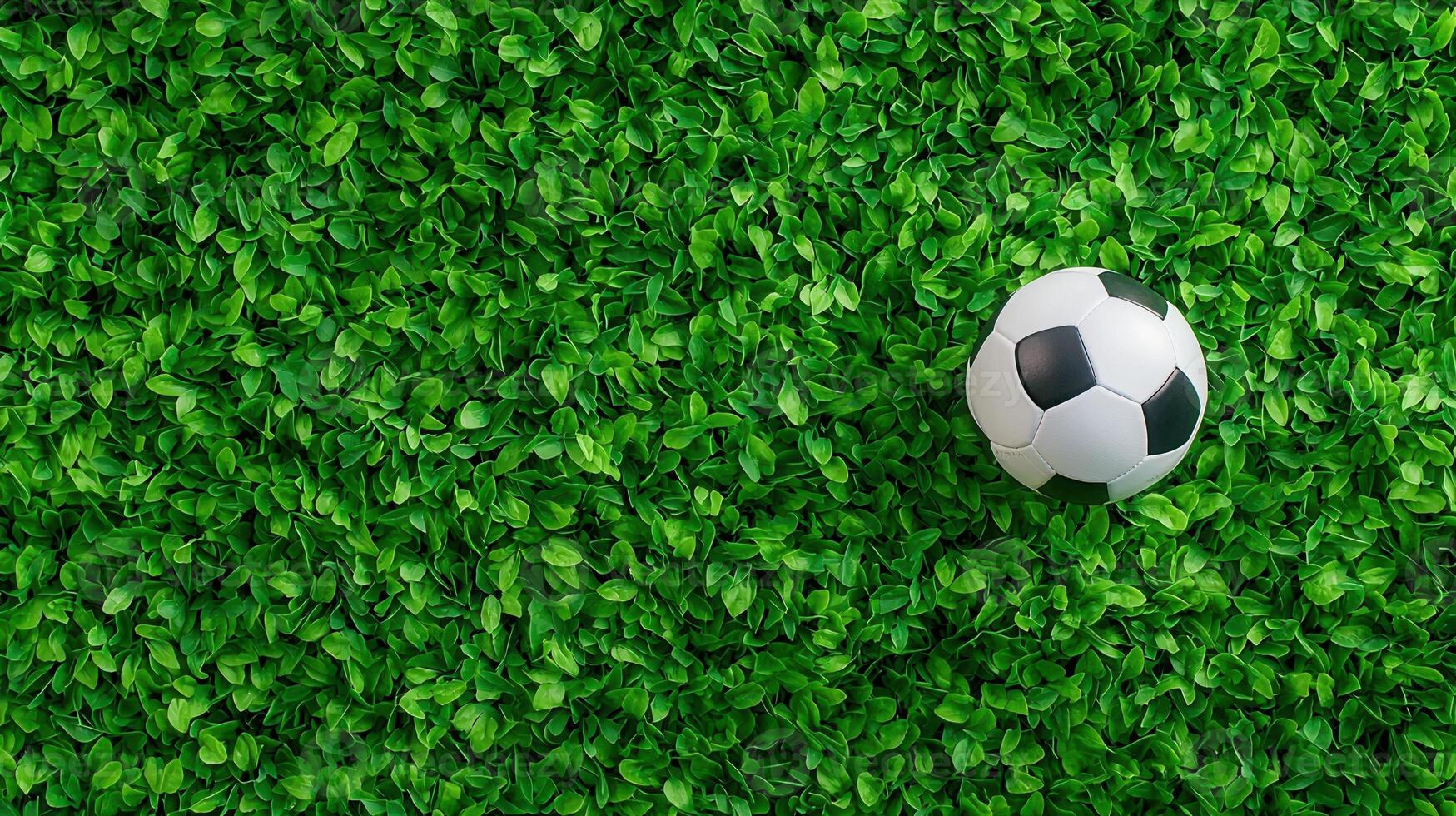 Soccer ball resting on bright green embodying turf, simplicity athletic artificial and sporting anticipation photo