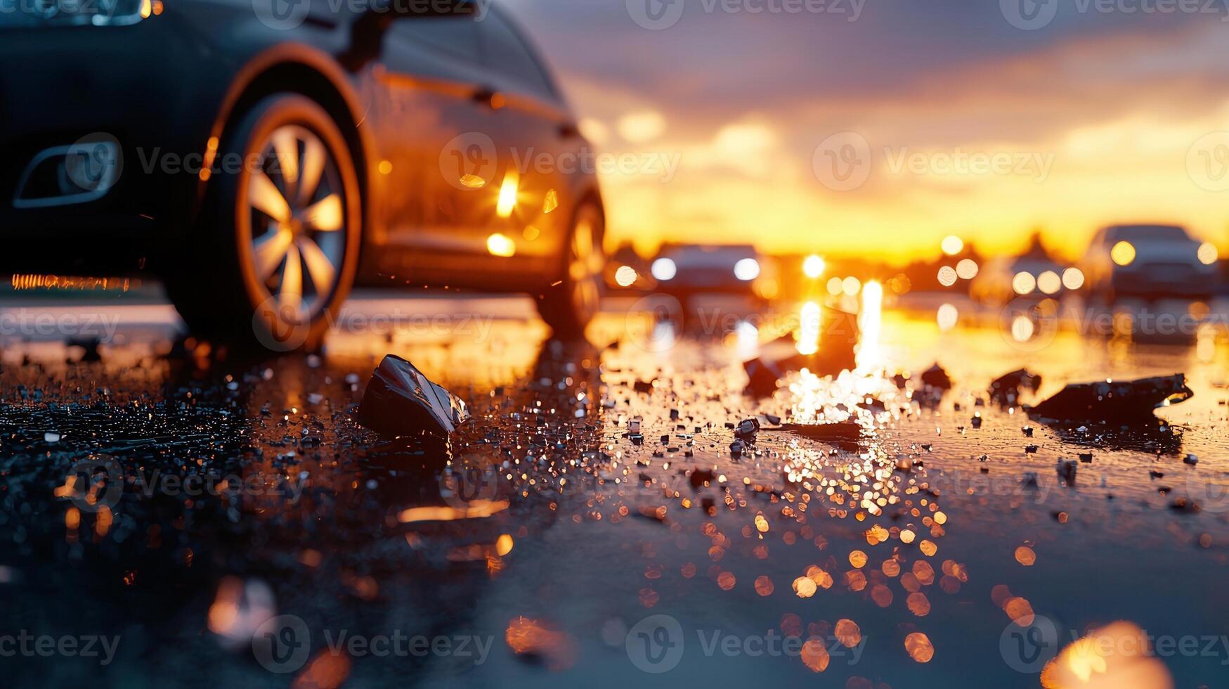 glistening of broken Shards glass in the golden hour light, reflecting the setting sun on wet asphalt after a car crash photo