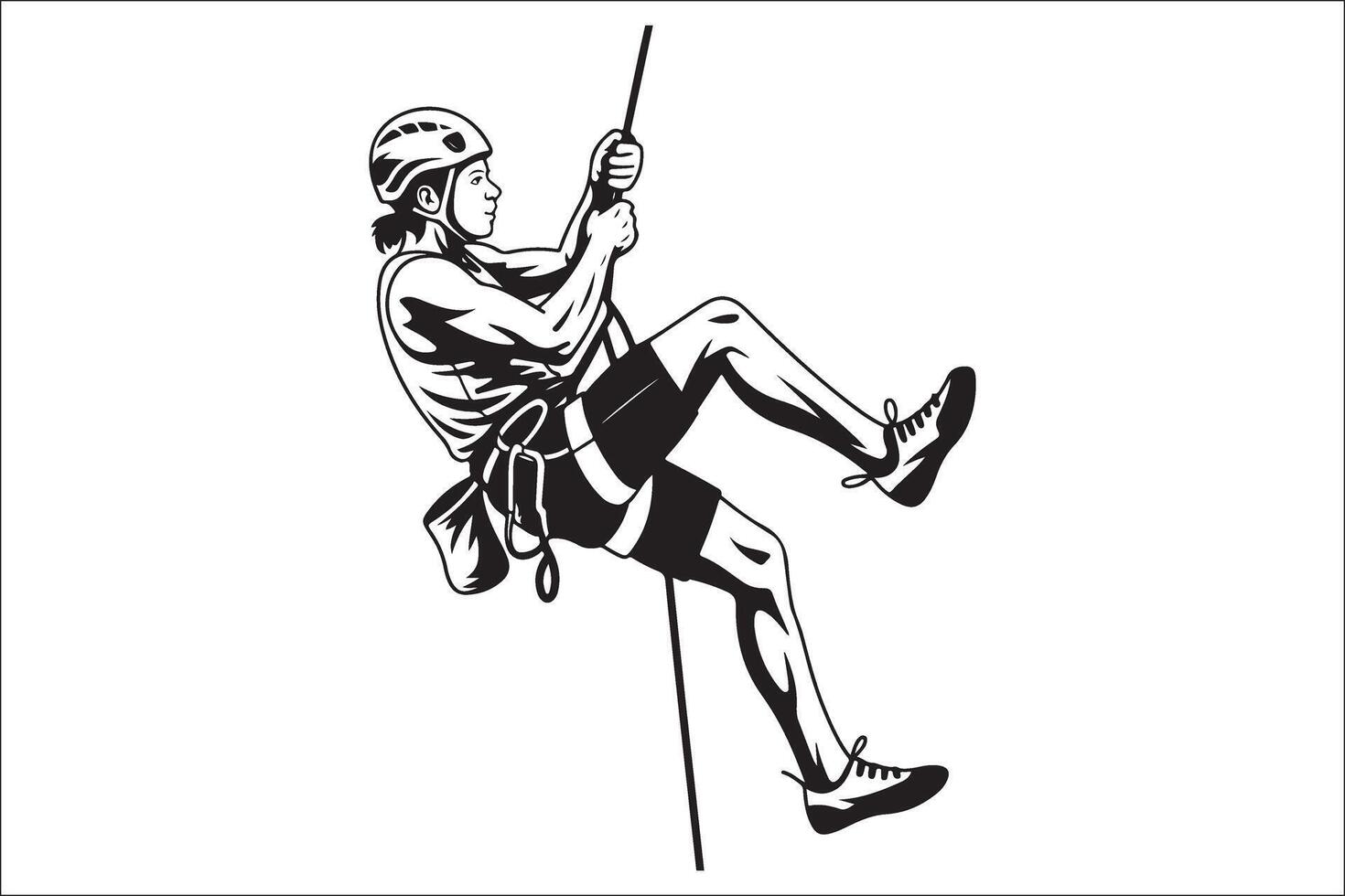 A black and white illustration of a man climbing on a rope vector