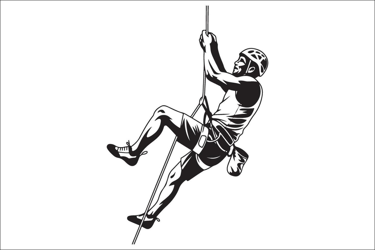 A man climbing on a rope in a black and white illustration vector