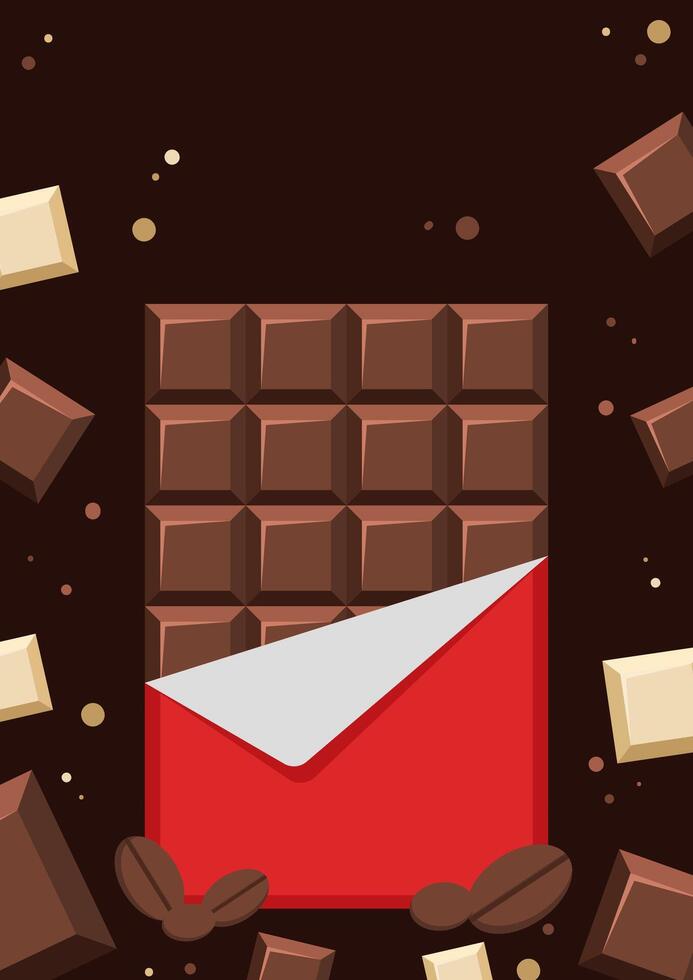 Chocolate Bar Wrapped in Paper Surrounded by Chocolate Pieces and Coffee Beans.Illustration of a chocolate bar in packaging amidst various chocolate pieces and coffee beans on a dark background. vector