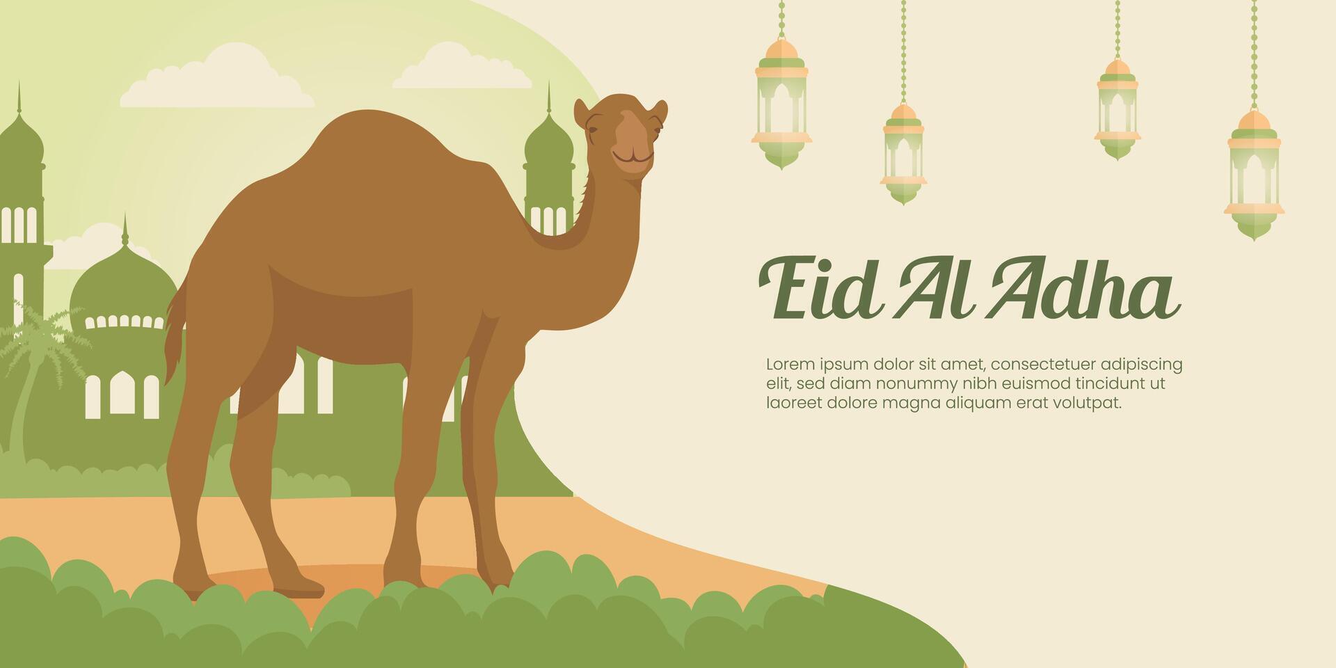 Eid al-Adha greeting background with Islamic decoration, and camel. Islamic background with green mosque, for Banner cover template for eid al-adha or eid al-fitr celebration. Graphics for hajj day vector