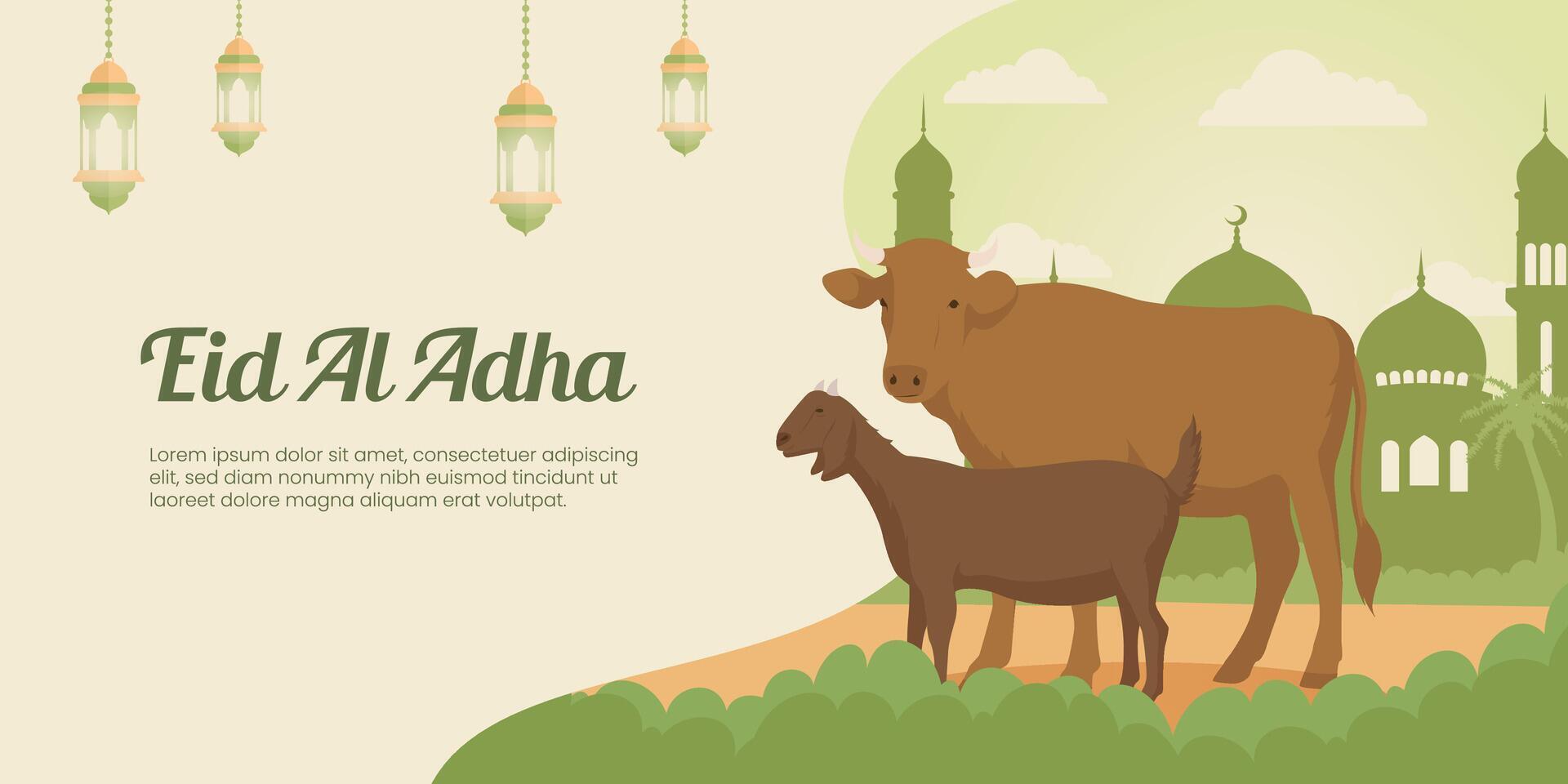 Eid al-Adha greeting background with Islamic decoration, and camel, cow, goat animals. Islamic background with light green color, for eid al-adha mubarak horizontal banner template. Graphics for hajj vector
