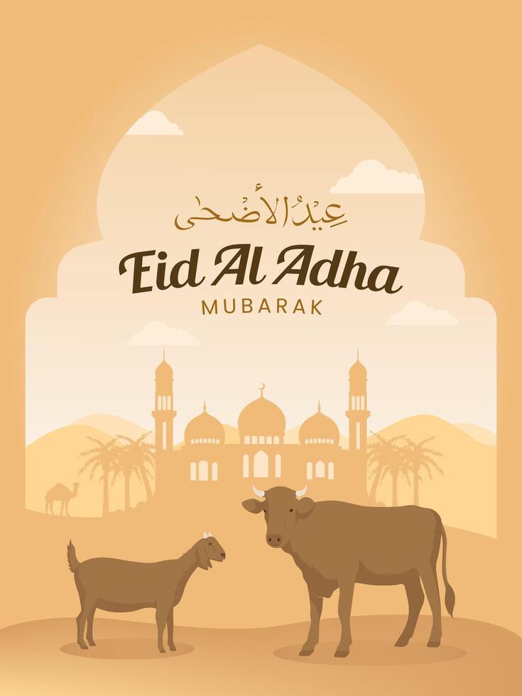 Illustration Background greeting Eid al Adha with Islamic decoration for poster, social media, banner, cover design, with camel, mecca mosque, and lantern. Graphic for hajj day. vector