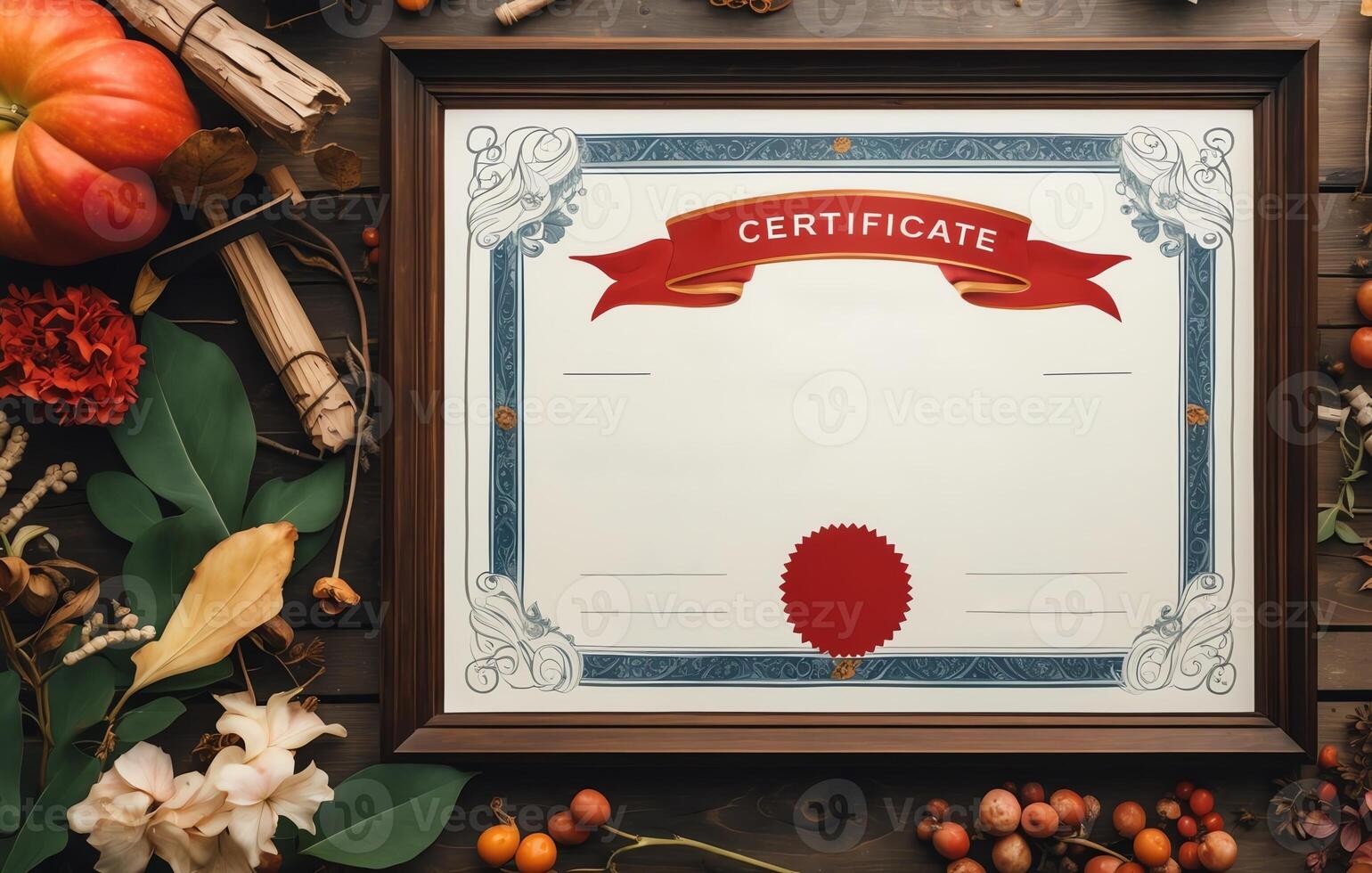 Elegant calligraphy certificate with decorative elements arranged on wooden surface photo