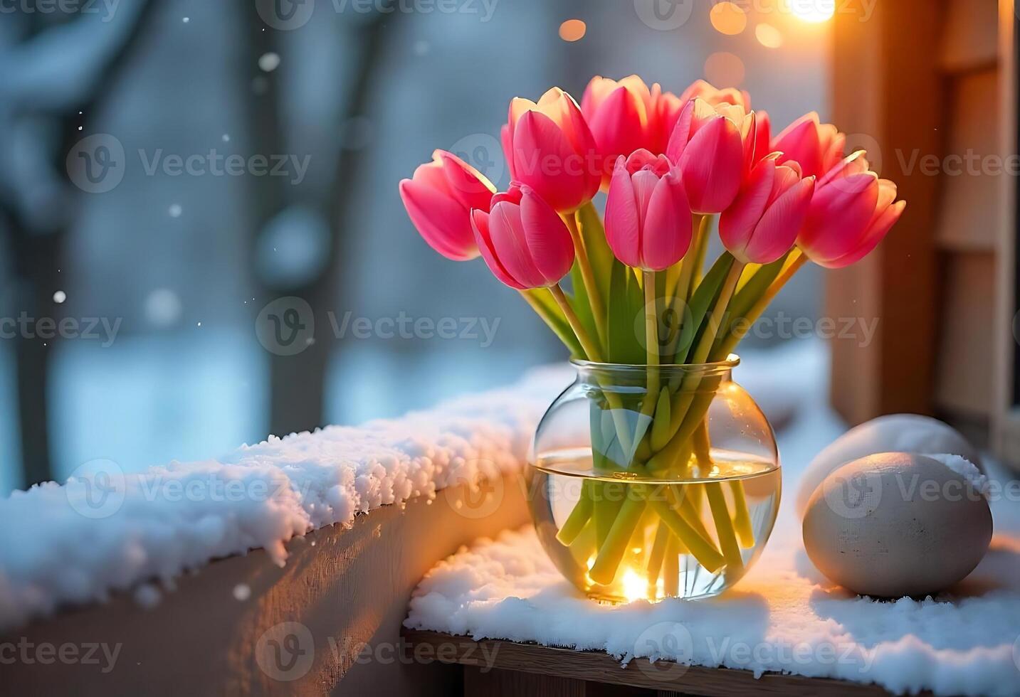 Pink Tulips in a Glass Vase on a Wooden Table in winter morning photo