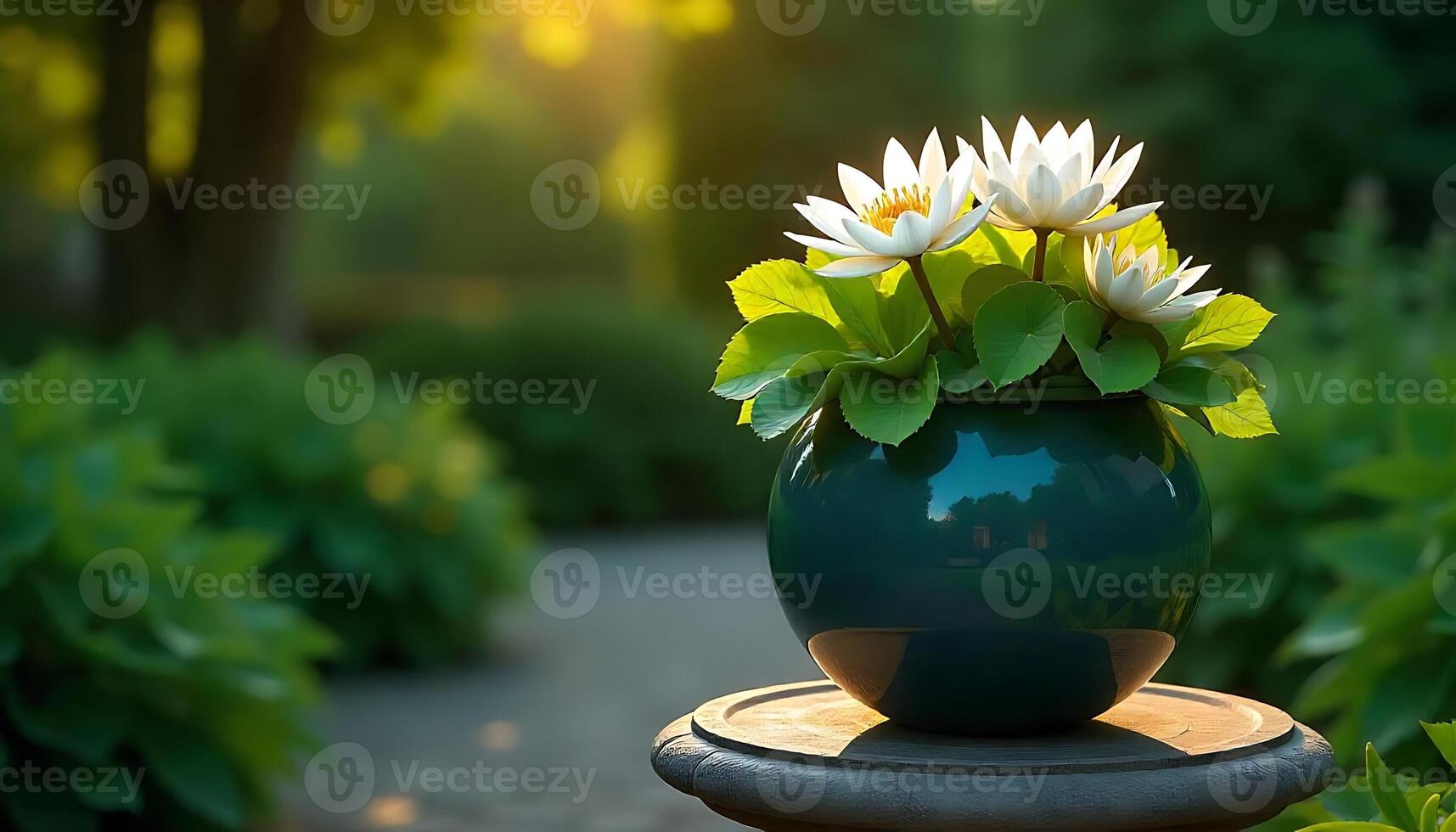 Water Lilies in a Green Vase in a Tranquil Garden Setting photo