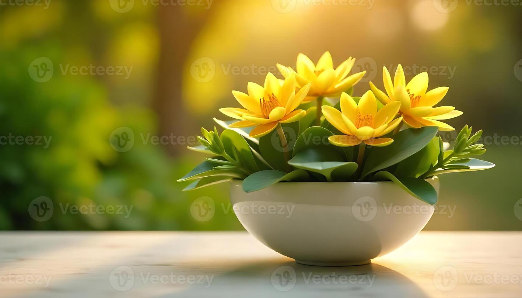 Yellow Flowers in a White Pot Bright yellow water lily flowers filled with a glossy spherical vase photo