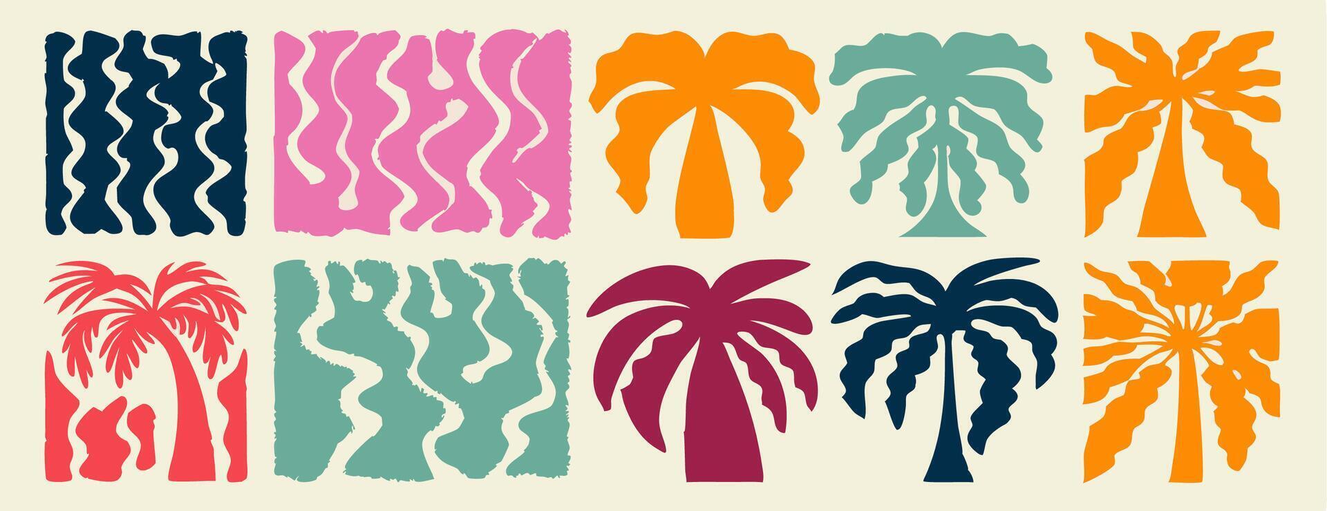 Collection of Colorful Abstract Palm Trees and Wave Patterns vector
