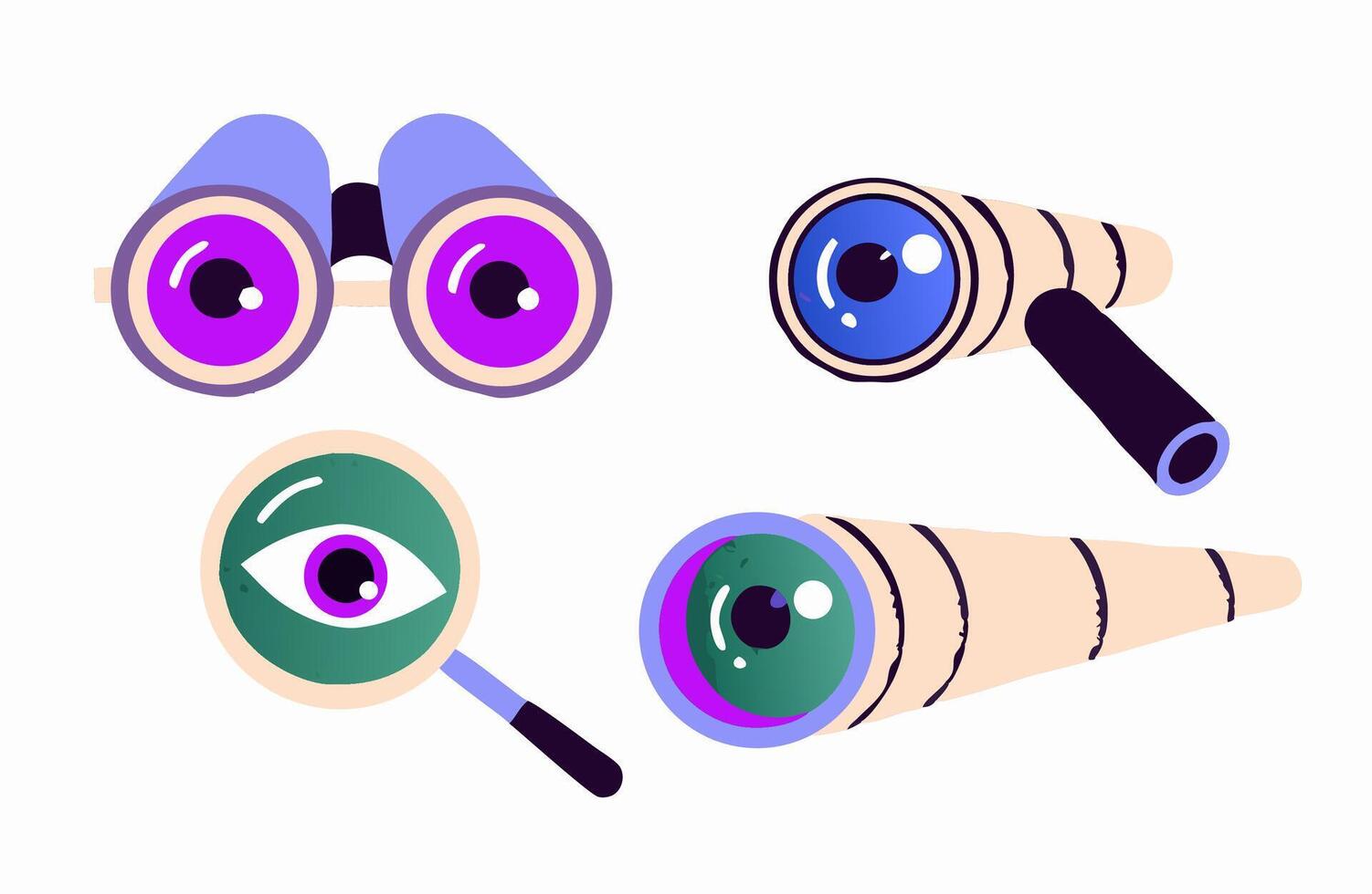 Cartoon Eyes in Binoculars, Magnifying Glass, Spyglass vector