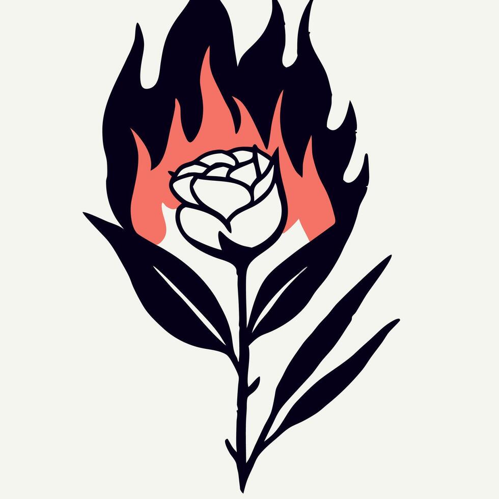 Fiery Rose Tattoo Design Floral Flame Illustration vector