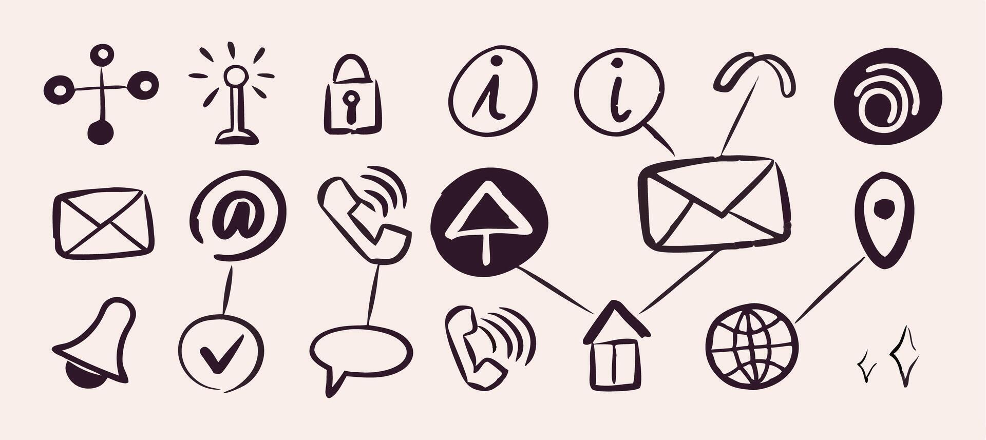 Hand drawn Communication and Network Icons Email, Phone, Web vector