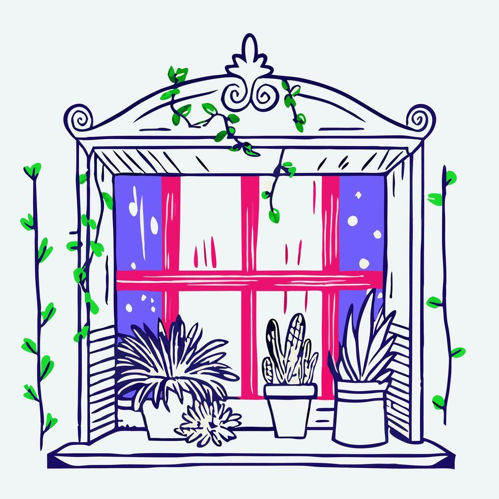 Windowsill Plants Colorful Window with Potted Plants vector