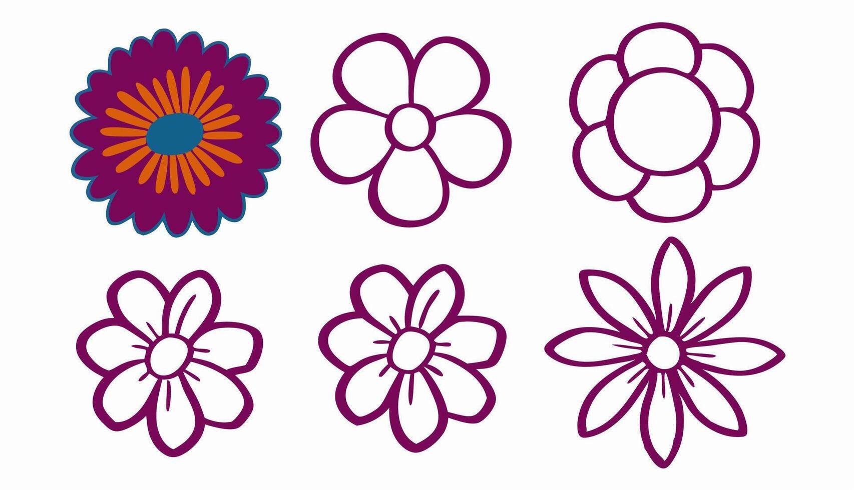 Six Simple Flower Designs Coloring Page Elements vector
