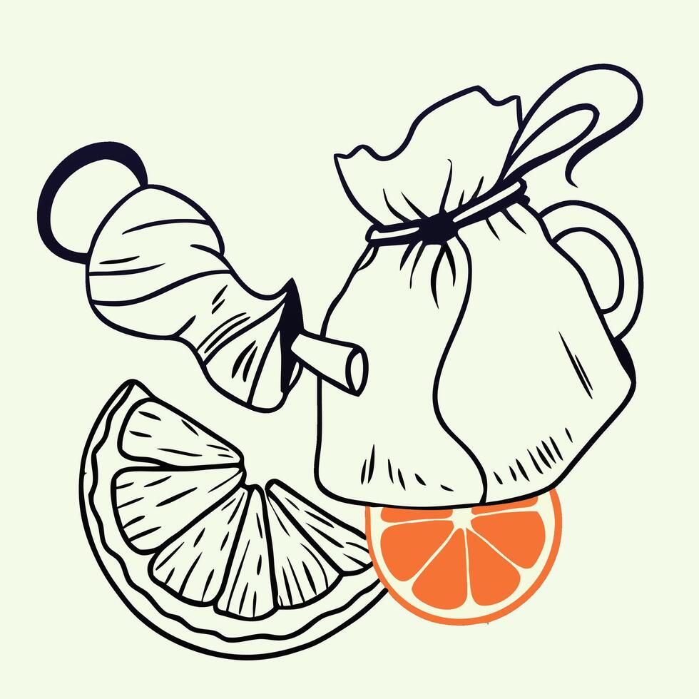 Line Art Illustration of Tea Bag, Ginger, and Orange Slices vector
