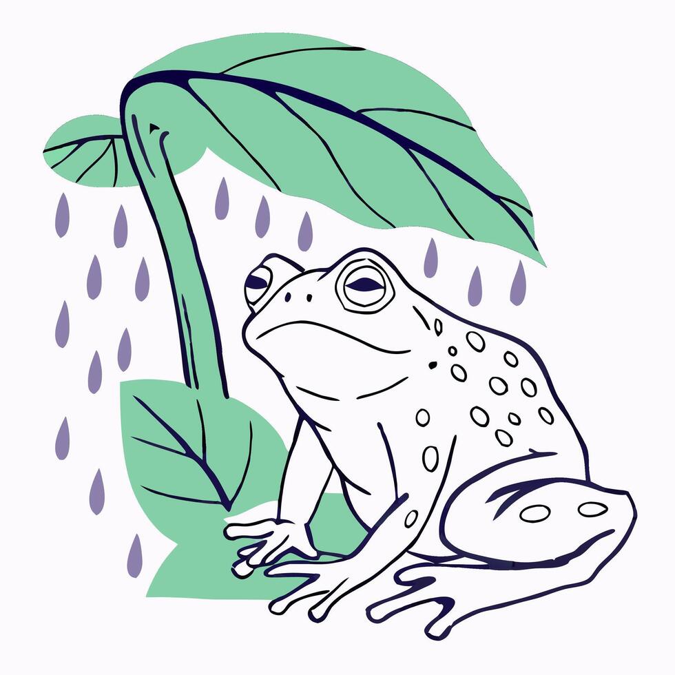 Cute Frog Under Leaf in the Rain Illustration vector
