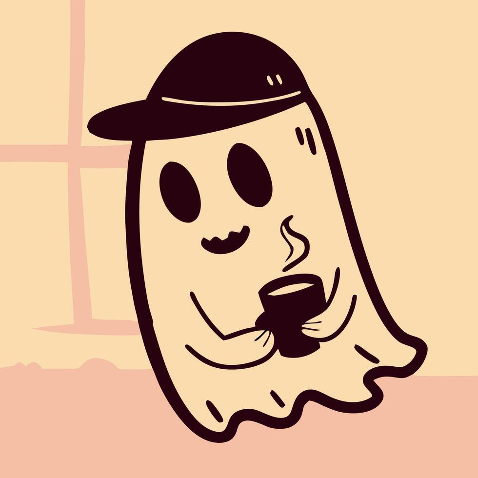 Cute Ghost in Hat Enjoying Coffee Break vector