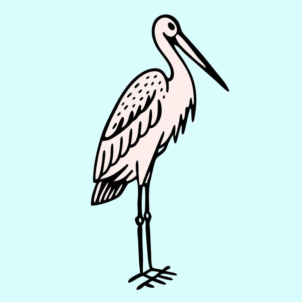 Cute Pink Stork Bird Illustration, Line Art vector