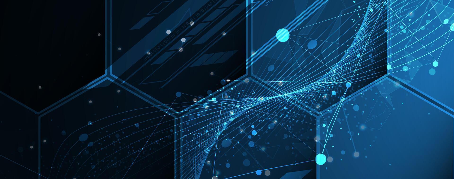 abstract blue technology background with lines and dots and hexagon vector